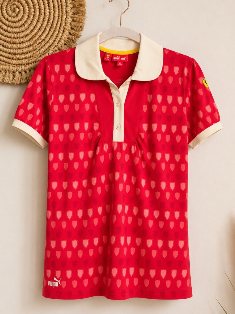 Puma x Scuderia Ferrari Collab NEW Monogram Shield Red Polo Shirt SZ XL Sporty